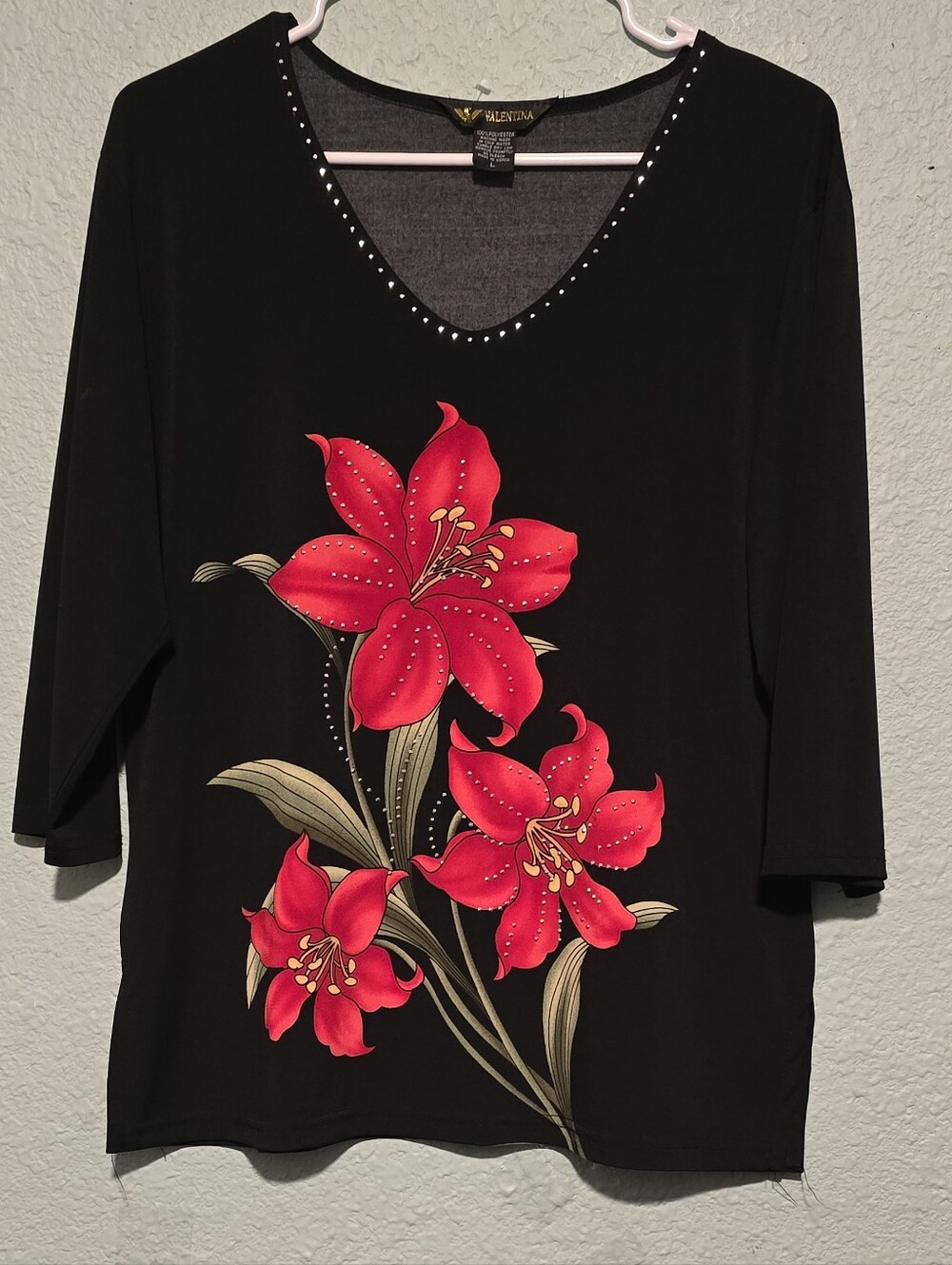 Valentina Black Long-Sleeve V-Neck Top with Red Floral Print